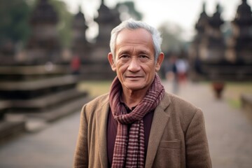 Wall Mural - Headshot portrait photography of a satisfied mature man wearing a chic cardigan at the borobudur temple in magelang indonesia. With generative AI technology