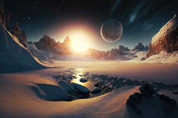 Wall Mural - fantastic alien planet at sunset. a mountain and a lake