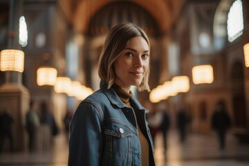 Wall Mural - Lifestyle portrait photography of a merry girl in her 30s wearing a stylish varsity jacket at the blue mosque in istanbul turkey. With generative AI technology