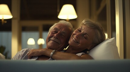 Happy lazy senior woman and man relaxing in the hotel