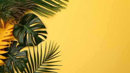 Wall Mural - Tropical leaf with yellow background. Generative AI