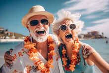 Senior Happy Couple Have Fun Taking A Selfie On Vacation - Active Retired Elderly Concept.