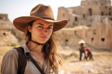 Wall Mural - Environmental portrait photography of a satisfied girl in her 30s wearing a rugged cowboy hat at the crac des chevaliers in homs governorate syria. With generative AI technology