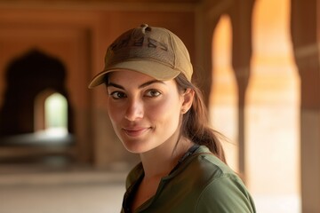 Canvas Print - Medium shot portrait photography of a merry girl in her 30s wearing a casual baseball cap at the amber fort in jaipur india. With generative AI technology