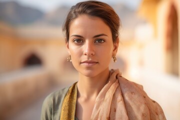 Wall Mural - Headshot portrait photography of a glad girl in her 30s wearing a comfortable yoga top at the amber fort in jaipur india. With generative AI technology