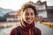 Close-up portrait photography of a grinning girl in her 40s wearing a breathable mesh jersey at the potala palace in lhasa tibet. With generative AI technology
