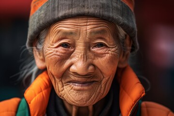 Canvas Print - Close-up portrait photography of a satisfied old woman wearing a casual baseball cap at the potala palace in lhasa tibet. With generative AI technology