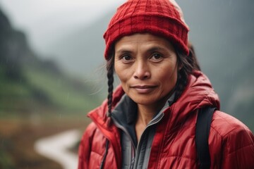 Poster - Headshot portrait photography of a satisfied girl in her 40s wearing a windproof softshell at the banaue rice terraces in ifugao philippines. With generative AI technology