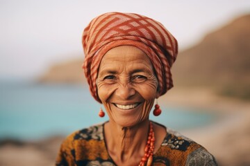 Sticker - Lifestyle portrait photography of a grinning mature woman wearing a sophisticated pillbox hat at the socotra island in yemen. With generative AI technology