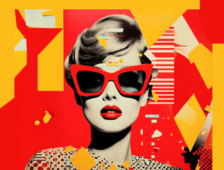 Wall Mural - Pop collage Illustration of a beautiful female fashion model with sunglasses over scolorful and vibrant patterns and shapes, Fashion, pop art