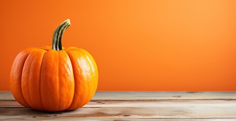 Wall Mural - Pumpkin on wooden table and orange background with copy space.