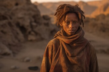 Sticker - Photography in the style of pensive portraiture of a grinning girl in her 40s wearing a classic turtleneck at the gates of hell in danakil depression ethiopia. With generative AI technology