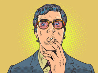 Anxiety and anxiety about the decision. An attractive guy is thoughtful and holds his hand. A man in a suit and glasses is surprised, puzzled. Pop Art Retro