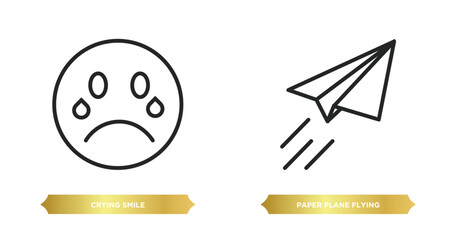 Sticker - two editable outline icons from user interface concept. thin line icons such as crying smile, paper plane flying vector.