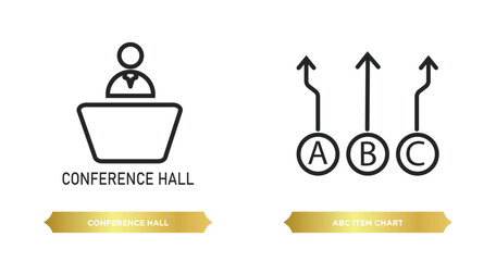 Sticker - two editable outline icons from user interface concept. thin line icons such as conference hall, abc item chart vector.