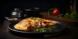 Delicious pizza calzone with tomato sauce and cheese on black plate