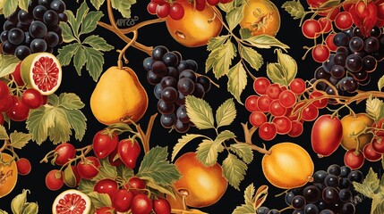 Poster -  a painting of a bunch of fruit on a black background.  generative ai