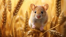 A Field Mouse In Its Natural Habitat, Nibbling On A Crop Of Cereals. The Scene Portrays The Delicate Balance Of Nature And The Mouse's Resourcefulness.