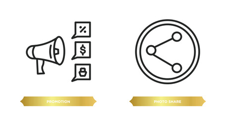 two editable outline icons from social media marketing concept. thin line icons such as promotion, photo share vector.