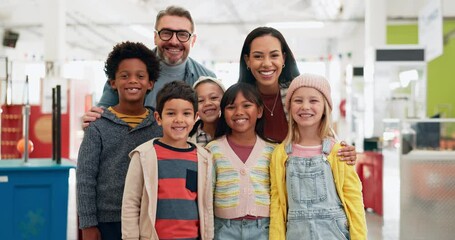 Wall Mural - Happy, face and teachers with children at a science fair for education, learning and fun together. Smile, portrait and kids or students with a man and woman from school on an excursion for knowledge