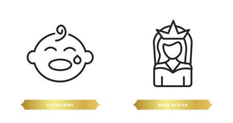 Sticker - two editable outline icons from people concept. thin line icons such as crying baby, bride avatar vector.