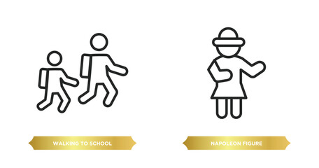 two editable outline icons from people concept. thin line icons such as walking to school, napoleon figure vector.