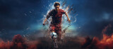 Fototapeta Sport - football or soccer player running fast and kicking a ball while training and playing a match at dramatic stadium shot, dynamic active pose of skill development success in sports wide banner