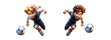Football Or Soccer Player Boy And Girl Running Fast And Kicking A Ball While Training And Playing A Match, Dynamic Active Pose Of Kids And Children Success In Sports Championship In Cartoon Style