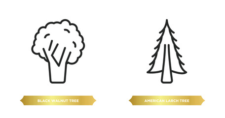 Sticker - two editable outline icons from nature concept. thin line icons such as black walnut tree, american larch tree vector.