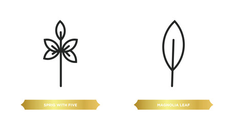 Sticker - two editable outline icons from nature concept. thin line icons such as sprig with five leaves, magnolia leaf vector.