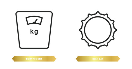 Sticker - two editable outline icons from miscellaneous concept. thin line icons such as body weight, beer cap vector.