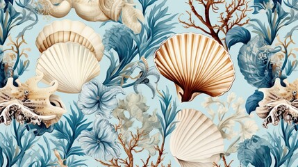  a pattern of seashells and corals on a blue background.  generative ai