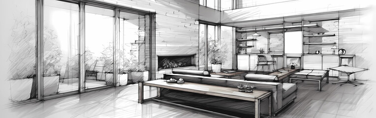 Wall Mural - A luxury black and white drawing sketch of an interior design by an architect designer