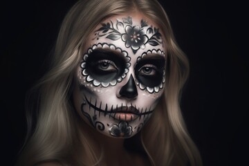 Wall Mural - portrait of a woman with creative Halloween makeup, has a creepy look, a woman in a halloween costume, empty space on an background. A woman is preparing for the day of the dead. Generative AI.