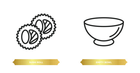 Wall Mural - two editable outline icons from food concept. thin line icons such as sushi roll, empty bowl vector.