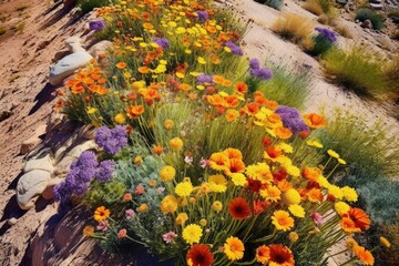 Canvas Print - aerial view of colorful desert wildflowers in bloom