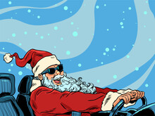 Santa Claus Christmas The New Year Is Approaching Customers, The Announcement Of Upcoming Discounts And Promotions In Stores. Seasonal Shift And Care Of The Car In The Winter. Santa Claus Driving A