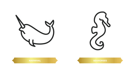 Wall Mural - two editable outline icons from fairy tale concept. thin line icons such as narwhal, seahorses vector.