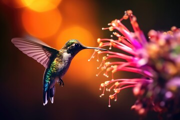 Canvas Print - macro of hummingbird feeding, pollinating colorful flower