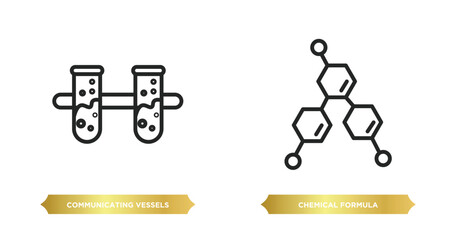 Sticker - two editable outline icons from education concept. thin line icons such as communicating vessels, chemical formula vector.