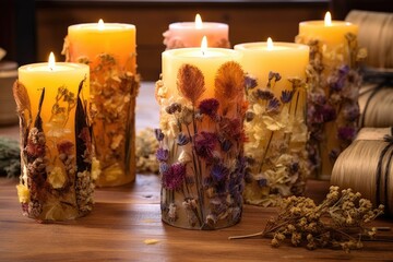 Wall Mural - handmade dried flower candles on a work table