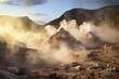 steam vents releasing fumes in volcanic landscape