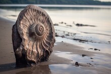 Weathered Ammonite Fossil On A Beach