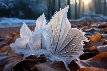 Wall Mural - frost flowers on a fallen leaf in a winter landscape