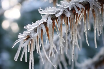 Poster - icicles forming on a pine tree during a snowy day