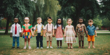 Generative AI, Children Of Different Races And Nationalities Hold Hands In The Park, Diversity, Friendship, European, Black, Asian, Kids, Kindergarten, Child, Friends, Team, Playground