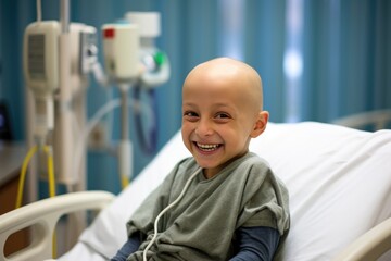 Bald boy smiling in cancer hospital bed