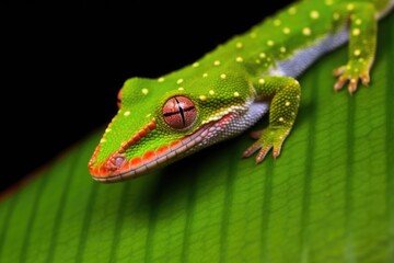 Wall Mural - a gecko shedding skin on a vibrant green leaf