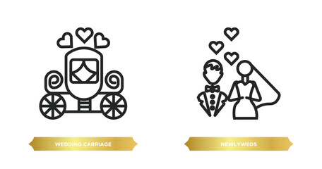 Wall Mural - two editable outline icons from birthday and party concept. thin line icons such as wedding carriage, newlyweds vector.