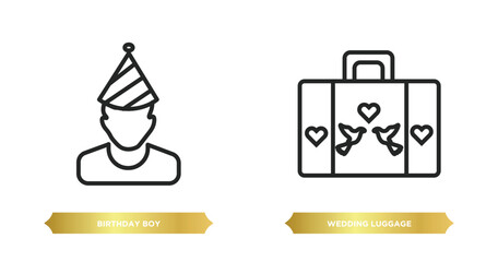 Sticker - two editable outline icons from birthday and party concept. thin line icons such as birthday boy, wedding luggage vector.